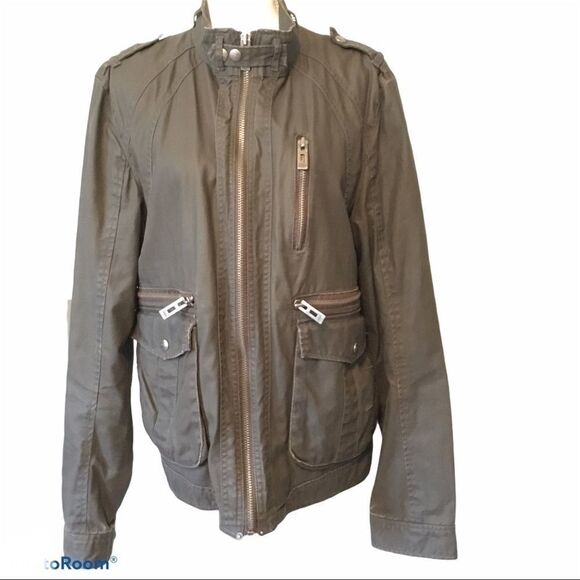 Guess Women’s Utility Bomber Coated Jacket Olive Moto Military Zip Pockets M - Picture 1 of 12